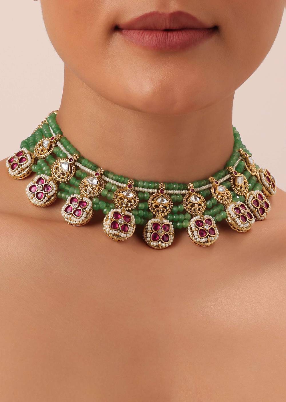 Green Temple Beaded Necklace Set With Jhumkas