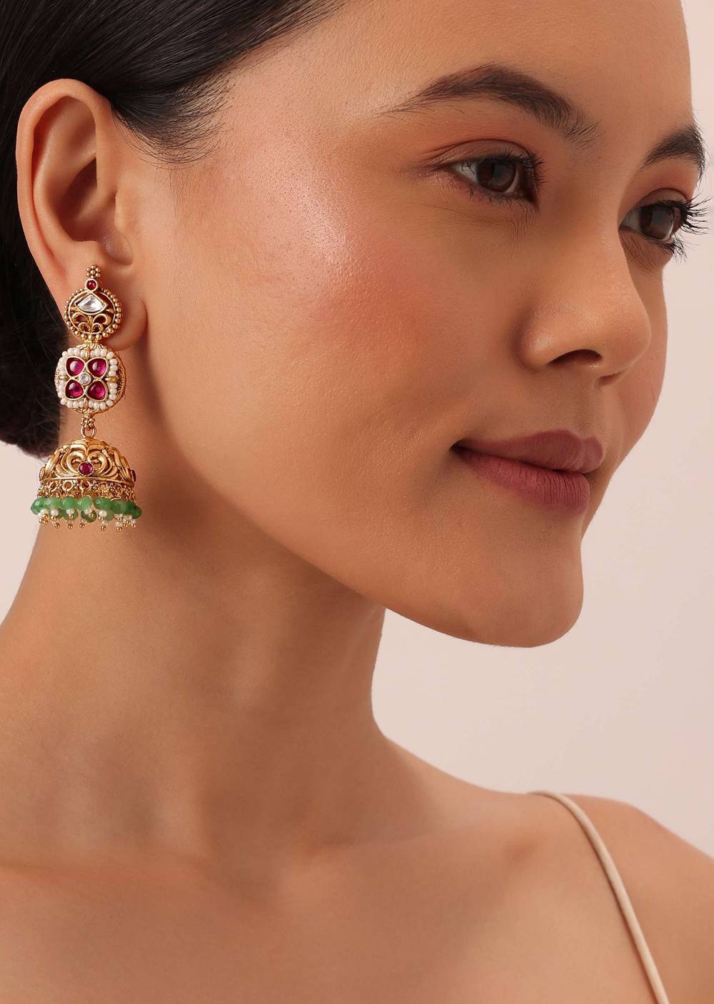 Green Temple Beaded Necklace Set With Jhumkas