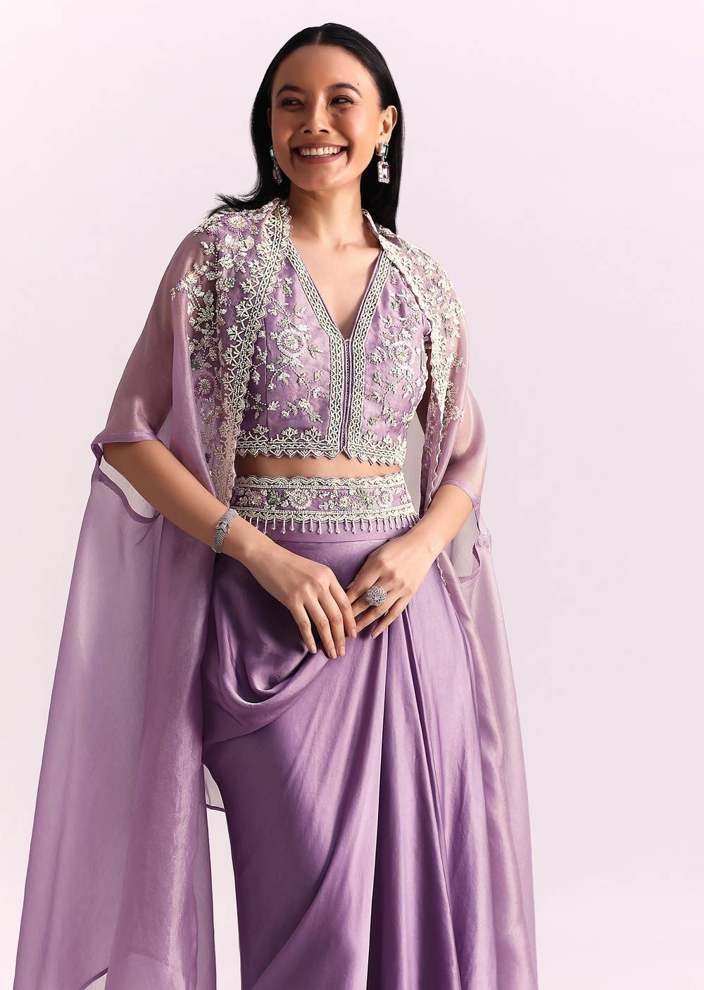 Lavender Moti Work Crop Top Suit Embroidered Jacket