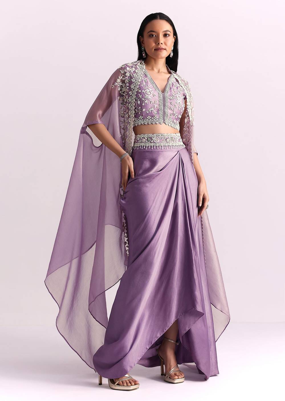 Lavender Moti Work Crop Top Suit Embroidered Jacket
