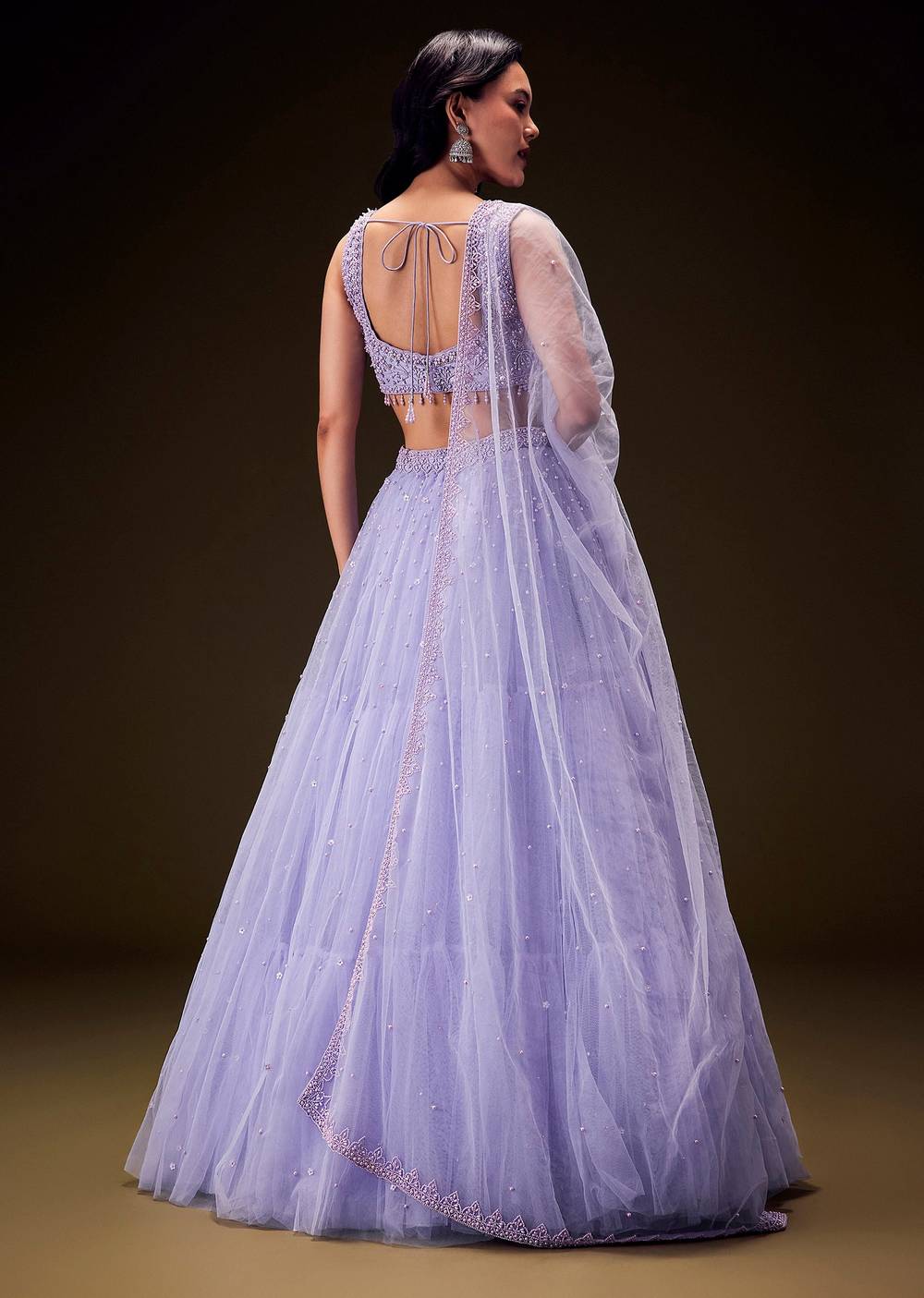 Lavender Net Hand Embroidered Pearl Work Lehenga Set