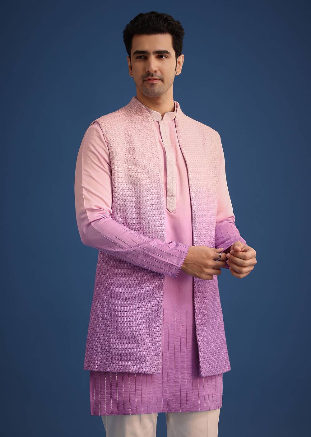 Purple Ombre Silk Zardozi Work Long Jacket And Kurta Set
