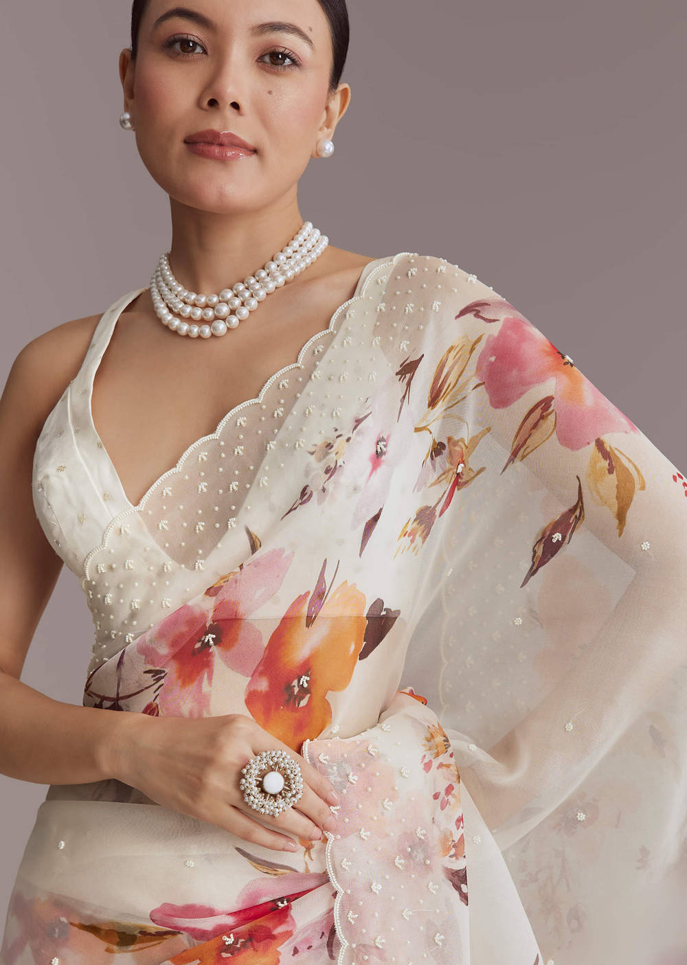 White Organza Printed Saree With Bead Embroidery