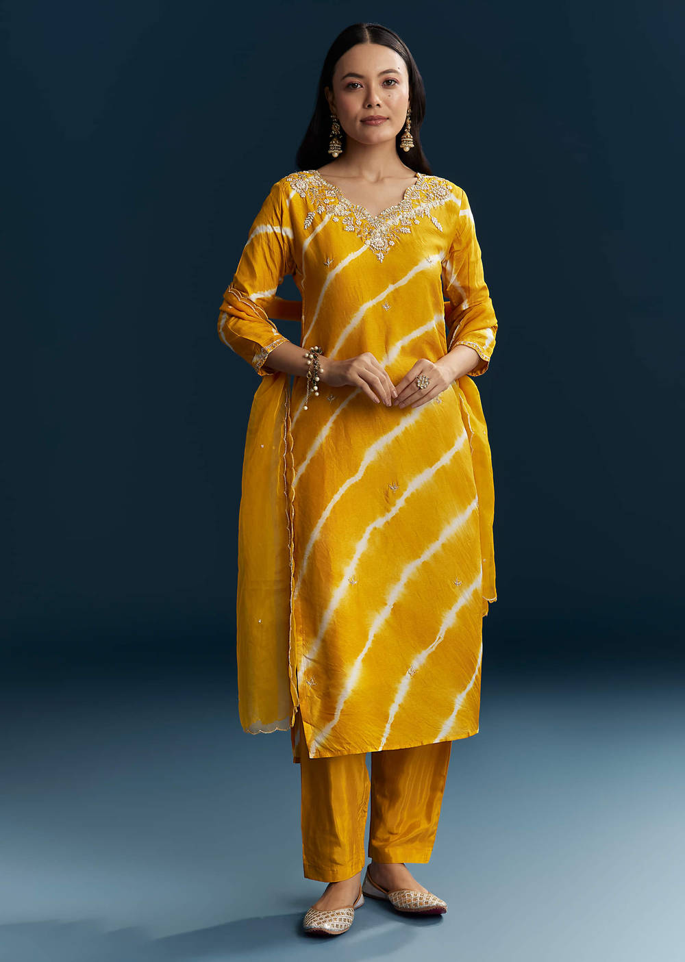 Yellow Silk Kurta Set With Leheriya Print And Embroidery