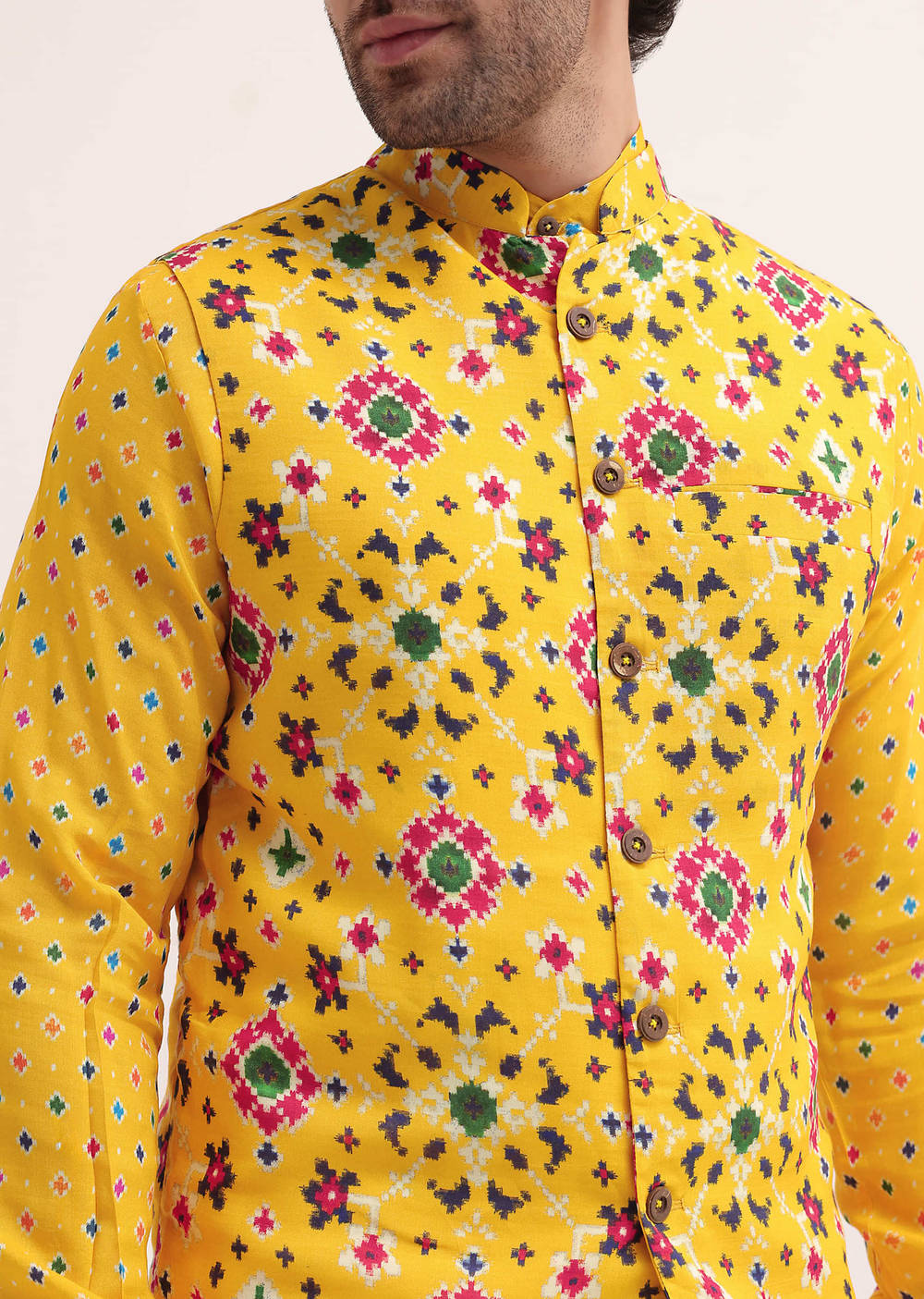 Yellow Patola Printed Kurta Jacket Set For Men