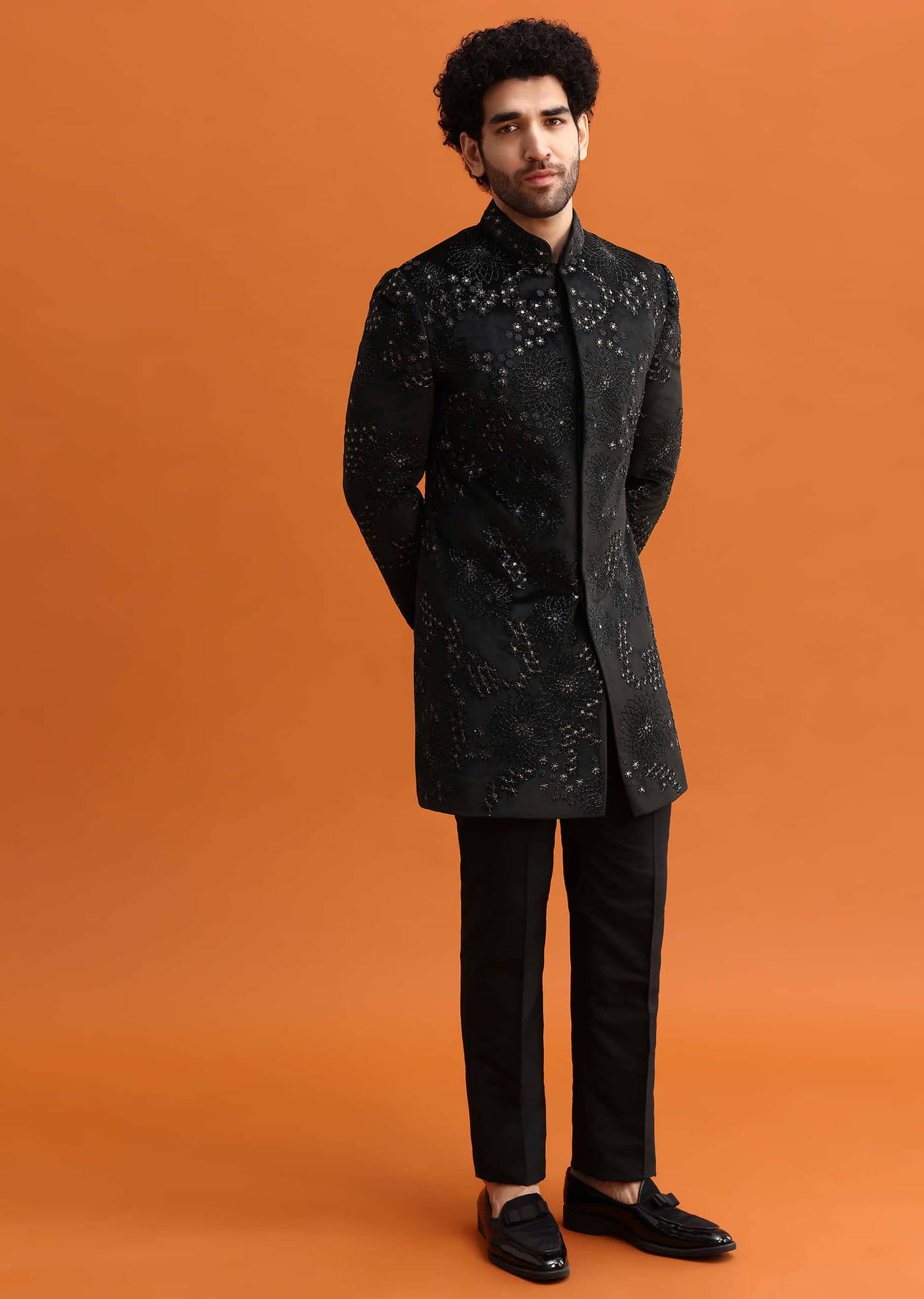 Black Hand Embroidered Velvet Indowestern Set For Men