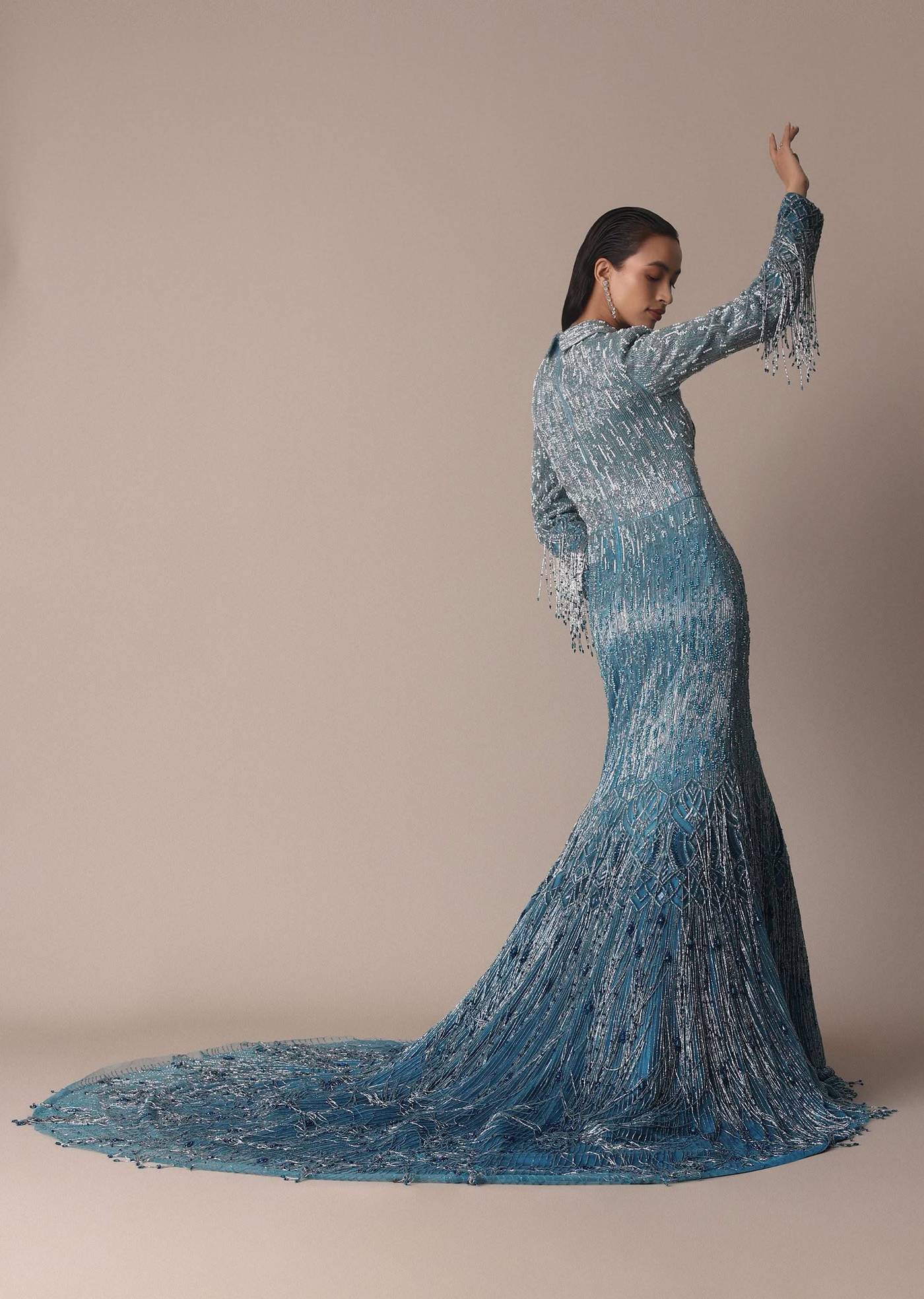 Blue Fish Cut Ombre Trail Embroidered Gown