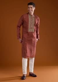Maroon Red Silk Kurta Set With Thread Detail
