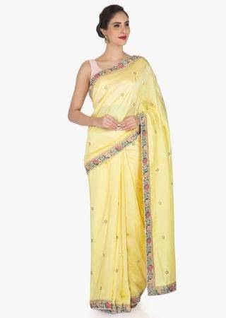 Yellow Saree In Satin Silk Decorated With Sequin And Resham Embroidered Work Online - Kalki Fashion