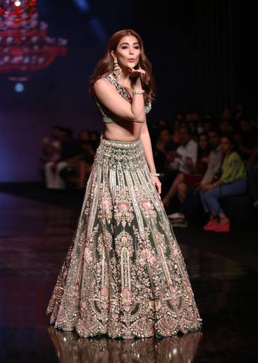 Palace Green Lehenga Choli In Velvet With Multi Colored Hand Embroidered Heritage Kalis With Hints Of Flowers