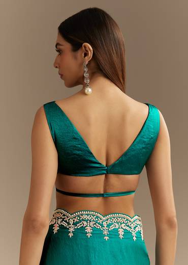 Teal Green Satin Saree With Zardosi Moti Embroidery And Scallop Border