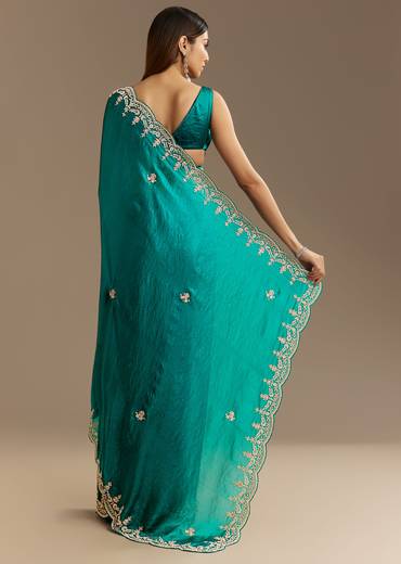 Teal Green Satin Saree With Zardosi Moti Embroidery And Scallop Border
