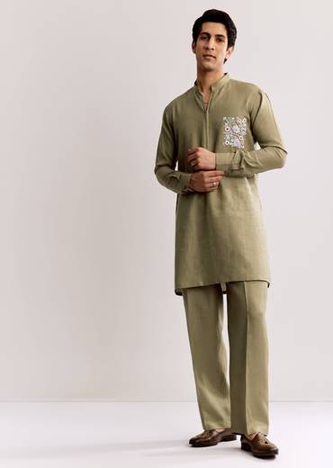 Beige Linen Kurta Set With Embroidery