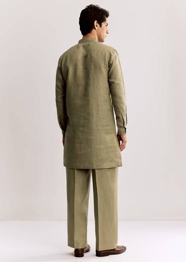 Beige Linen Kurta Set With Embroidery