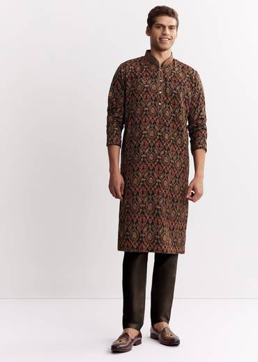 Black Chanderi Printed Kurta Set With Mandarin Collar