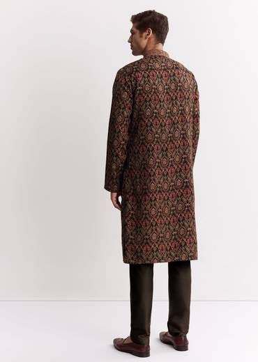 Black Chanderi Printed Kurta Set With Mandarin Collar