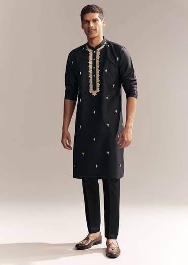 Black Silk Kurta Set For Men With Zardosi And Aari Work