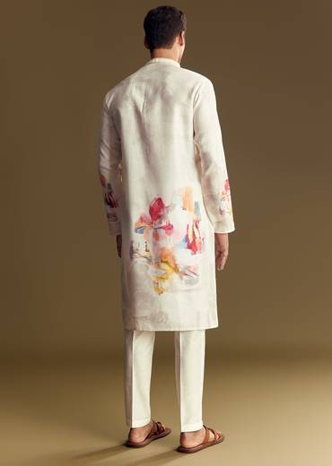 Cream Linen Kurta Set With Abstract Artistic Print