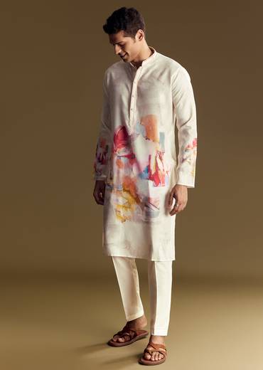Cream Linen Kurta Set With Abstract Artistic Print