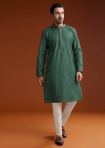 Green Banarasi Silk Kurta Pant Set