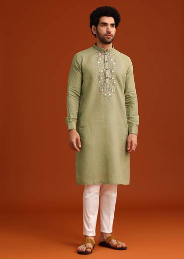 Green Floral Handwork Kurta Set In Linen