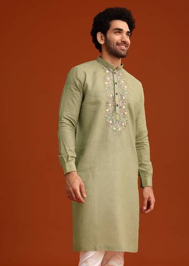 Green Floral Handwork Kurta Set In Linen