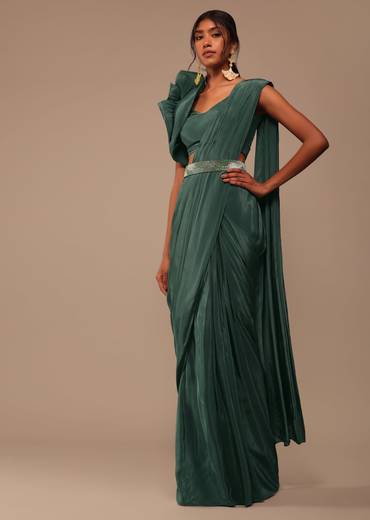 Jade Green Saree With Fancy One Side Flowered Shape Sleeve And Belt