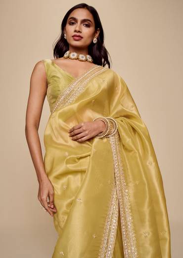 Lemon Yellow Tissue Saree With Heavy Embroidery