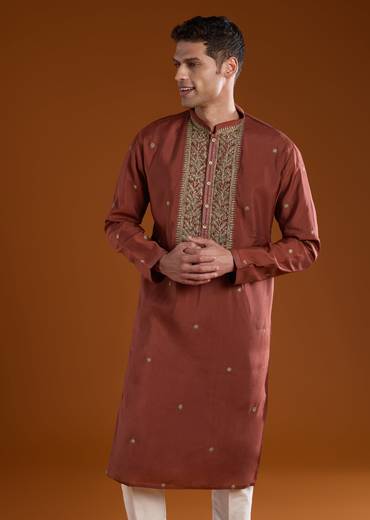 Maroon Red Silk Kurta Set With Thread Detail