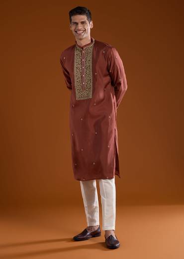 Maroon Red Silk Kurta Set With Thread Detail