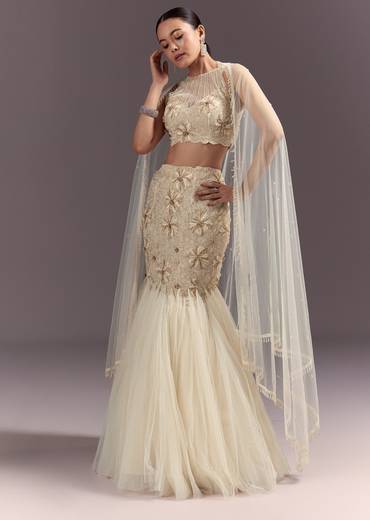 Off White Embroidered Blouse With Fish Cut Skirt And Dupatta