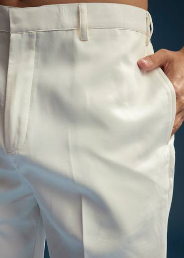 Off White Silk Kurta Jacket Set For Men With Mirror Embroidery