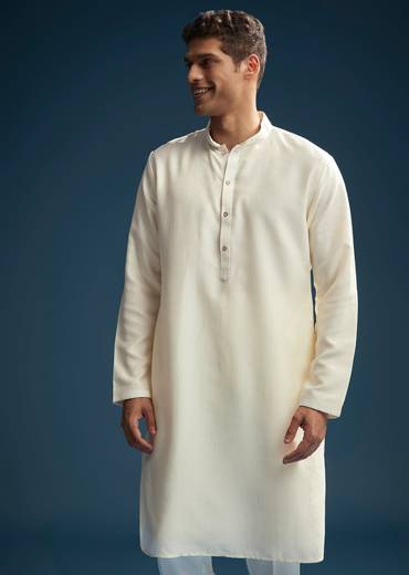 Off White Silk Kurta Jacket Set For Men With Mirror Embroidery