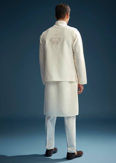 Off White Silk Kurta Jacket Set For Men With Mirror Embroidery