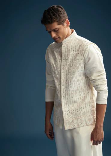Off White Silk Kurta Jacket Set For Men With Mirror Embroidery