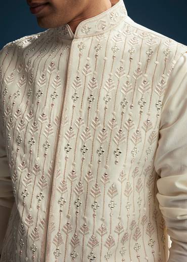Off White Silk Kurta Jacket Set For Men With Mirror Embroidery