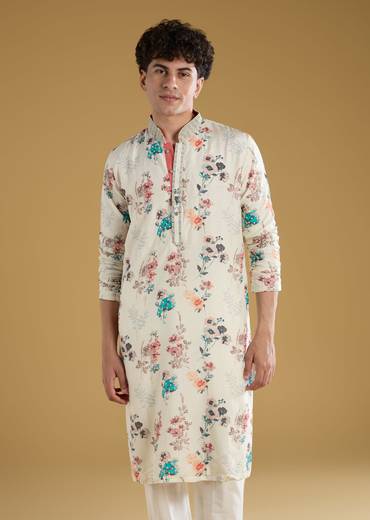 Off White Silk Linen Printed Kurta Set With Threadwork