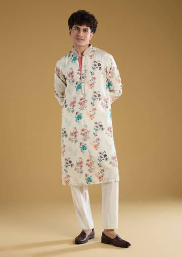 Off White Silk Linen Printed Kurta Set With Threadwork