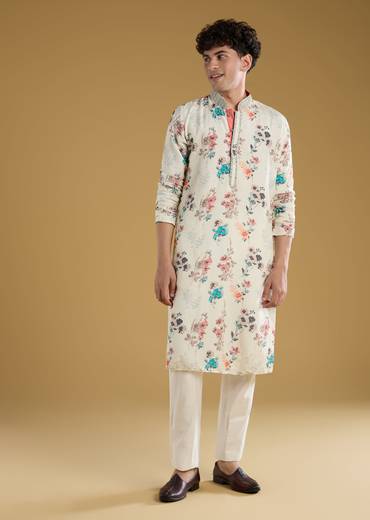 Off White Silk Linen Printed Kurta Set With Threadwork