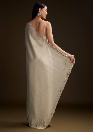 Off White Jacquard Saree With Zardosi And Stone Embroidery