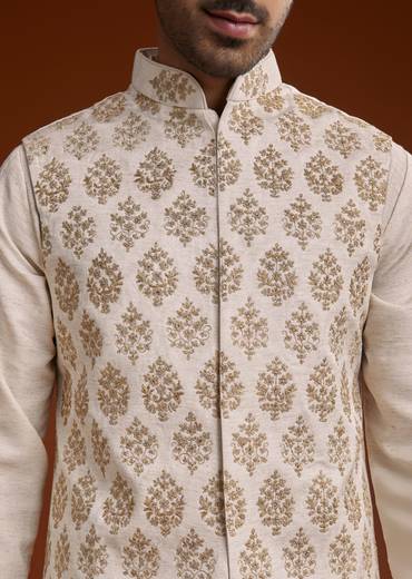 Off White Linen Silk Kurta Jacket Set With Zari Work For Men