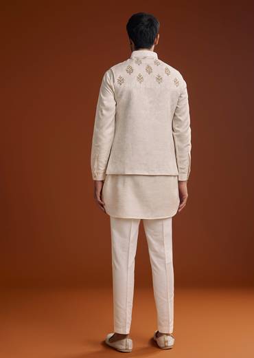 Off White Linen Silk Kurta Jacket Set With Zari Work For Men