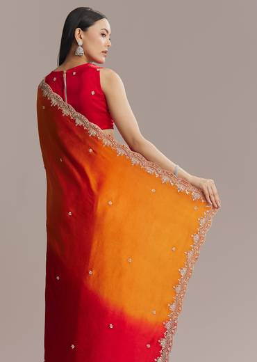 Orange And Red Chinon Saree With Sequin And Bead Embroidery