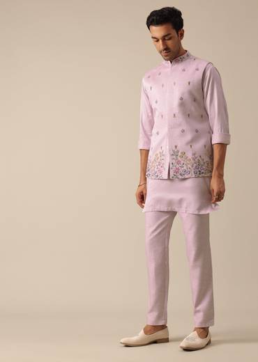 Pink Jacket And Kurta Set With Floral Motif Thread Work