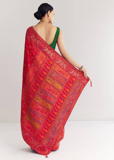 Red Dola Silk Saree With Traditional Floral Amd Jaal Work