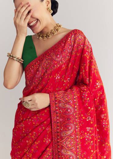 Red Dola Silk Saree With Traditional Floral Amd Jaal Work