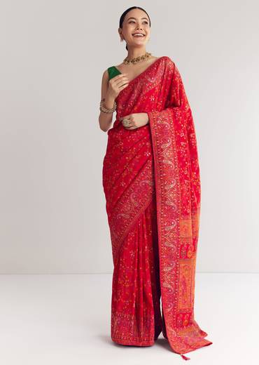 Red Dola Silk Saree With Traditional Floral Amd Jaal Work