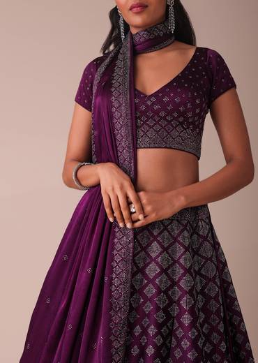 Plum Purple Swarovski Embellished Lehenga In Wrinkle Satin