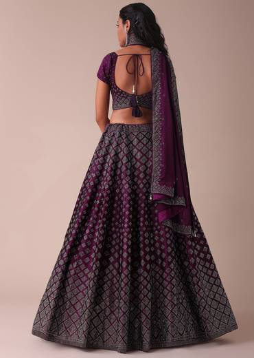 Plum Purple Swarovski Embellished Lehenga In Wrinkle Satin