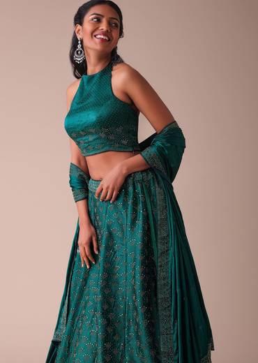 Deep Green Swarovski Embellished Lehenga In Wrinkle Satin